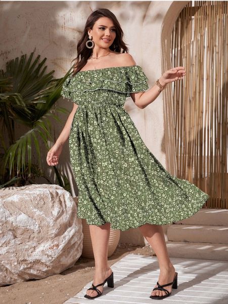 

plus ditsy floral off the shoulder ruffle trim a-line dress w6v2#, Black