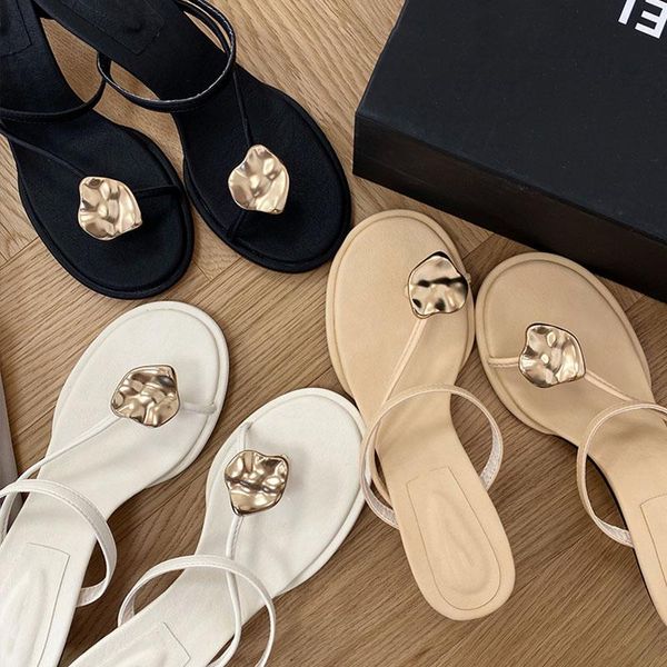 

slippers 2021 brand women slipper thin low heel outdoor casual sandal shoes metal buckle ladies dress female slides flip flops, Black