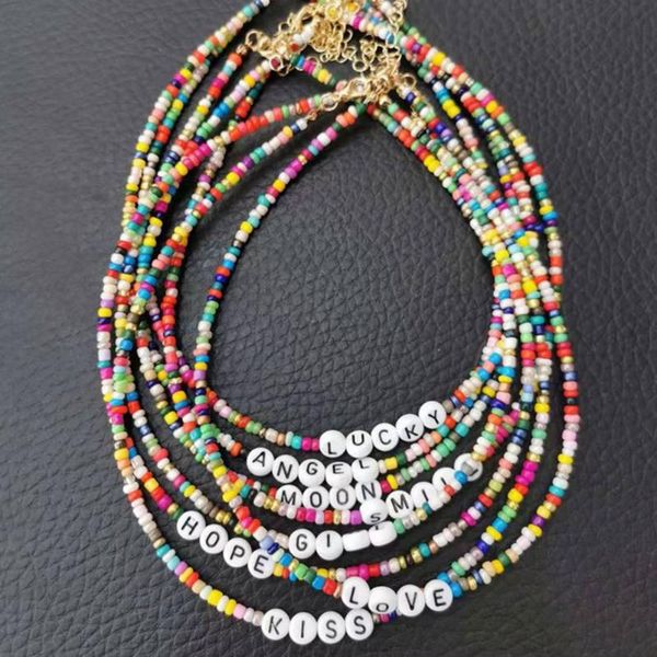 

chokers boho handmade diy rice bead necklace letter lucky love girl choker clavicular chain colorful female beach collier femme jewelry, Golden;silver