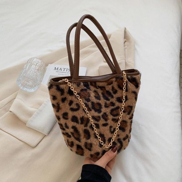 

evening bags woman leopard print handbag fashion chain female plush wrist bag purse brand designer mini bucket