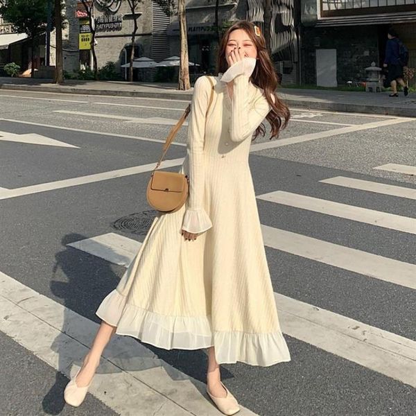 

casual dresses 2021 women's v-neck long-sleeved stitching knitted dress fashion autumn sweet mid-length clothing, Black;gray