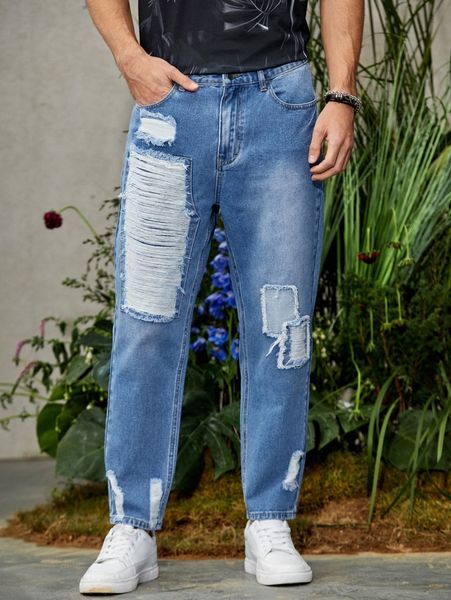 

men ladder distressed bleach wash jeans k8mg#, Blue