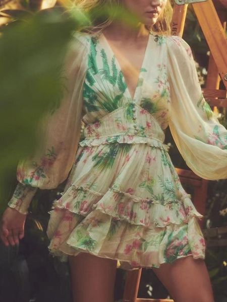 

casual dresses retro print v-neck frills high waist dress women's autumn styles multi-level ruffles loose fluffy tutu skirt, Black;gray