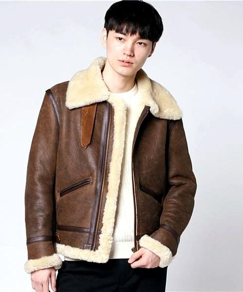 

men's leather & faux thick japanese b3 sheepskin fur one retro warm jacket, Black
