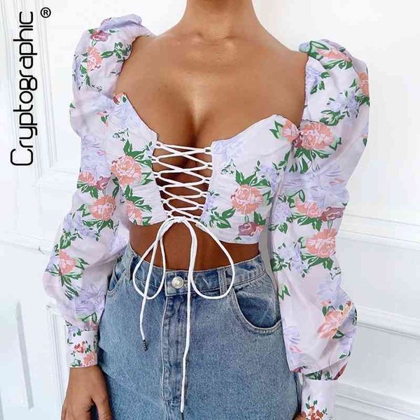 

women's blouses & shirts cryptographic female and slash neck lantern sleeve lace up crop backless fashion slim print kijm, White