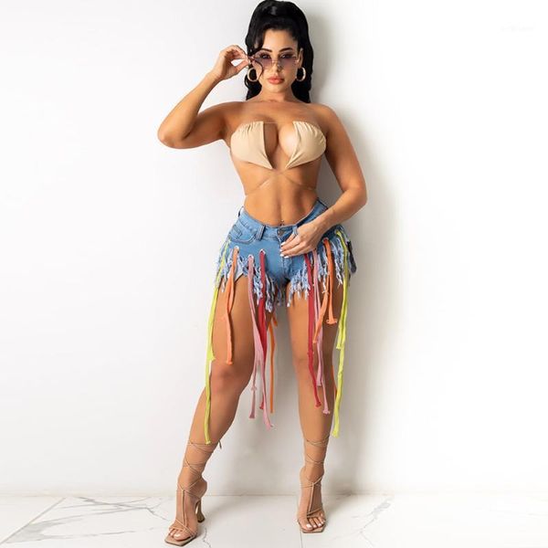 

women's shorts rainbow drawstring tassels spliced denim jeans women fashion high waist stretchy streetwear female workout biker, White;black