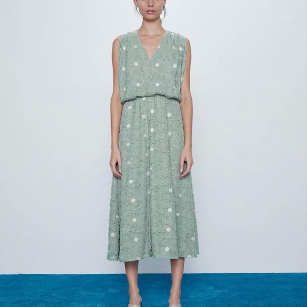 

casual dresses sleeveless v neck summer dress women dot print high waist vintage long elegant boho midi beach ladies, Black;gray