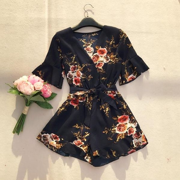 

women's jumpsuits & rompers playsuits mandarin sleeve ruffles high waist print vintage style chiffon, Black;white
