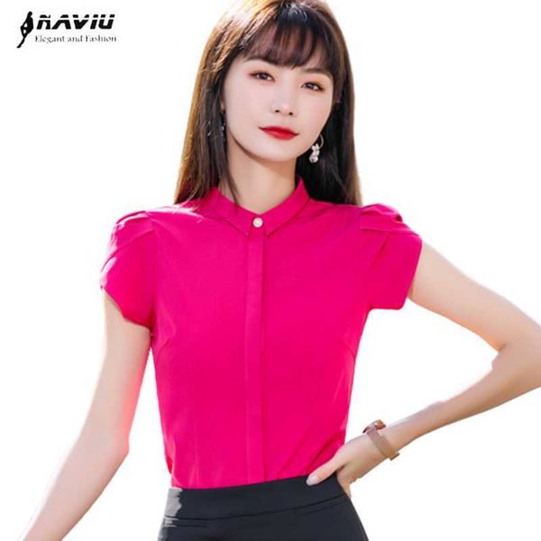 Naviu Rose Camisa Vermelha Mulheres Temperamento Verão Manga Curta Slim Chiffon Blusas Escritórios Escritórios Formal Trabalho Tops 210604