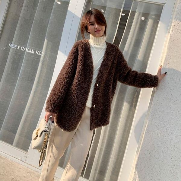 

women's fur & faux women 2021 winter real coat female genuine wool soft outwear lady casual loose thick warm sheep shearing jacket d114, Black