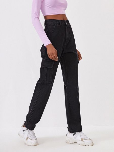 

high waisted straight leg cargo jeans u0db#, Blue