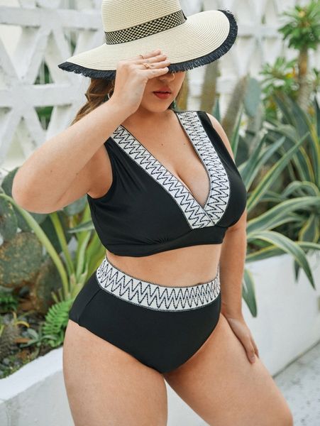 

plus chevron tape high waisted bikini swimsuit t9c0#, Black