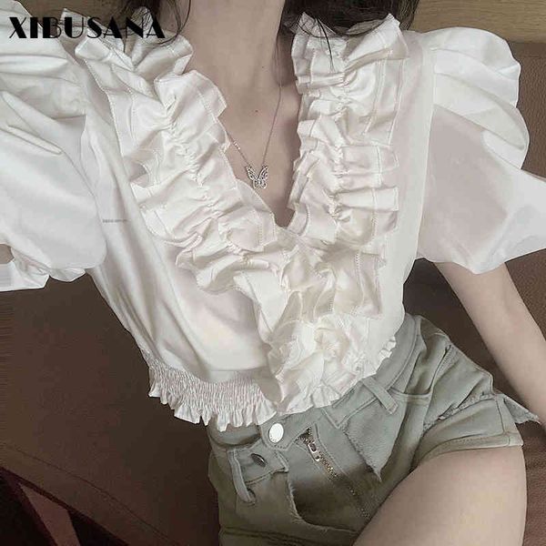 

summer korea pleated puff sleeve short blouses woman white elegant cropped shirt female blusas floral patchwork fashion 210423