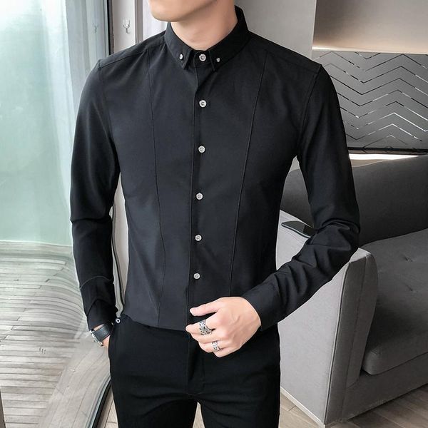 

white shirs for men long sleeve casual business dress fashion slim fit streetwear social party clothing chemise homme men's shirts, White;black