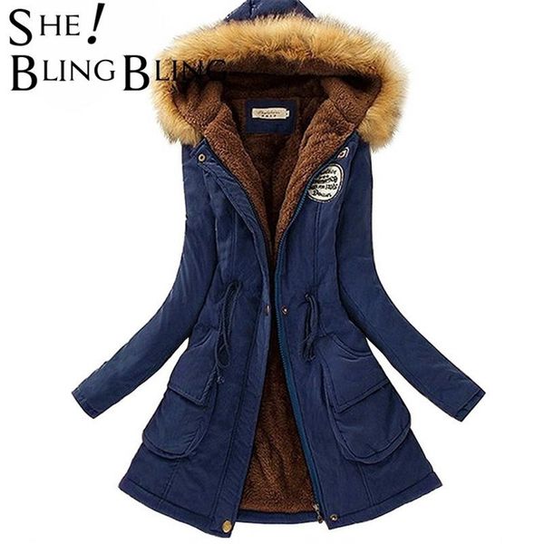 

sheblingbling autumn warm winter jacket women women's fur collar coats jackets for lady long slim down parka hoodies parkas 211018, Black
