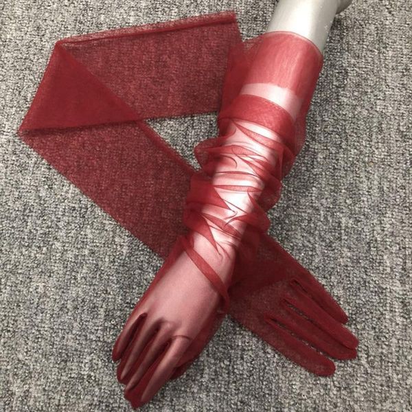 

bridal gloves long sheer tulle wedding bride dress fashion solid color transparent ultra thin mitten elbow, White