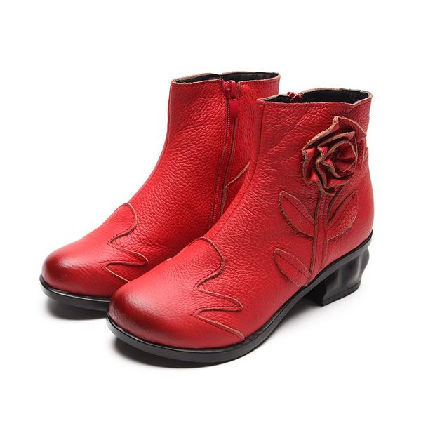 

boots vintage design snow ankle warm fur insole genuine split leather rose flower round toe handmade sewing elegant shoes ladies, Black