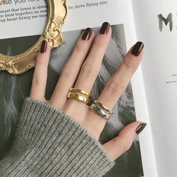 

charming irregular high polish wave open rings 925 sterling silver jewelry for women party gifts cluster, Golden;silver
