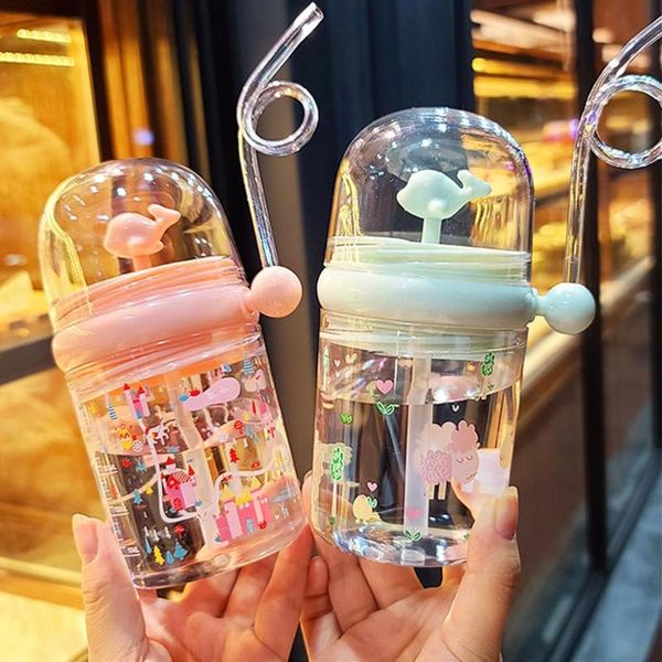 

250ml kids funny whale water spray drinking cup cartoon feeding bottles with straws portable children cups drinkware cup