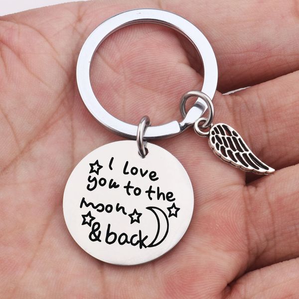 

round brand series wings peach heart keychains for women wire i love you to the moon stainless steel jewelry letter gifts diy customized who, Silver