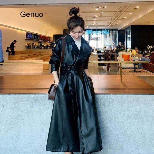 

cool pu leather long jacket 2021 spring women loose belt windbreaker trench coat slim autumn women's & faux, Black