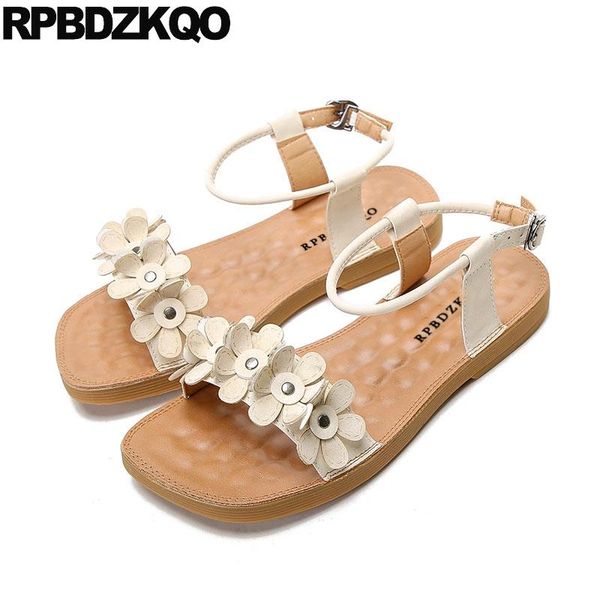 

large size shoes nice korean women sandals flat casual embellished plus ankle strap summer flower ladies cute designer, Black