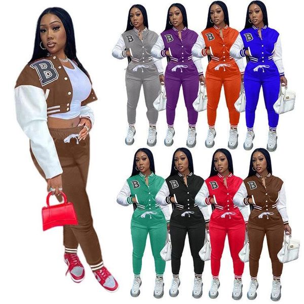 

women's two piece pants jacket letter single breasted baseball suit set, White
