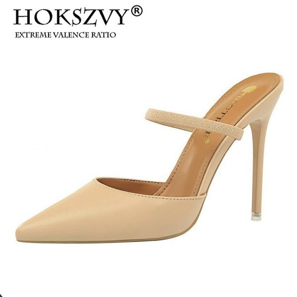 

10.5cm retro minimalist baotou slippers fine with high heels shallow mouth pointed-out word women ds, Black