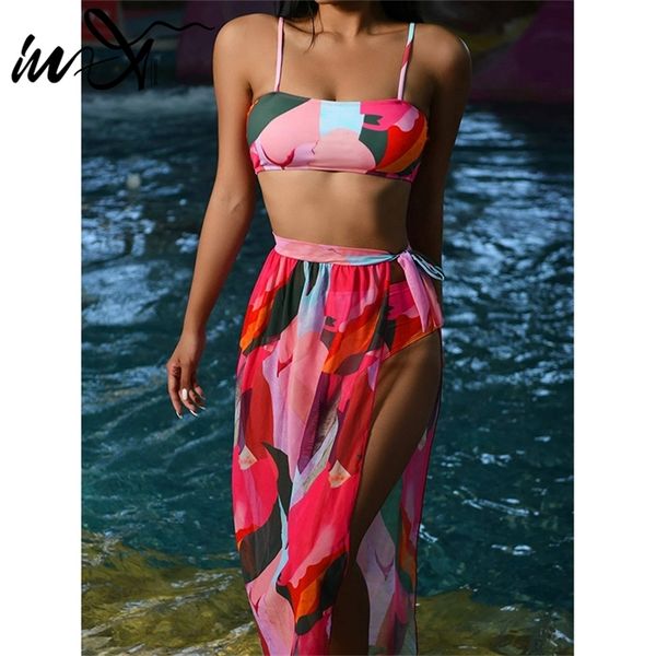 

in-x skirt 3 pieces set bandeau bikini high waist swimwear female color block swimsuit women string elegant bathing suit, White;black