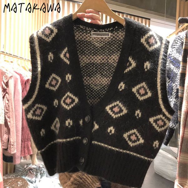 

matakawa retro diamond plaid cardigan vest korean autumn and winter color matching buttoned knitted sweater vest women 210513, Black;white