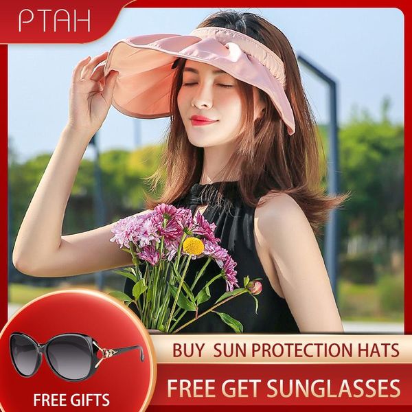 

wide brim hats [ptah] summer hat female outdoor empty shell foldable hair band dual-use sun breathable protection anti-uv, Blue;gray