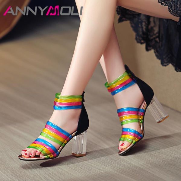 

women shoes summer gladiator sandals transparent thick high heel party zipper mixed colors lady big 33-43, Black