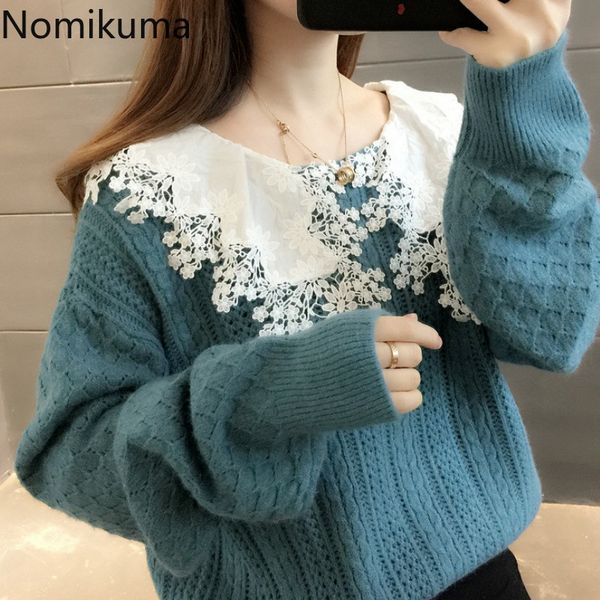 

nomikuma lace patchwork pullover sweater women hollow out long sleeve sweet knitted jumpers korean style pull femme 3c884 210514, White;black