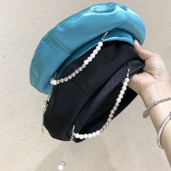 

berets hats for women girl artist flat cap bead decoration beanie hat vintage beret imitation silk blue white, Blue;gray