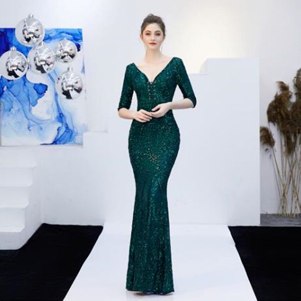 Abiti da sera a sirena verde smeraldo con mezza manica paillettes applique in pizzo immagine reale abito da ballo di fine anno robe de soir￩e femme