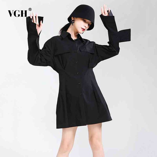 

vgh white elegant spring dress for women lapel long sleeve high waist solid mini dresses female fashion new clothing tide 210421, Black;gray