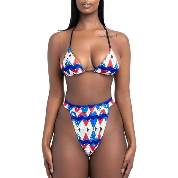 

women's swimwear 2021 fashion women geometry printing 2pcs bikini swimming suit split style drawstring backless halter with triangle b, White;black