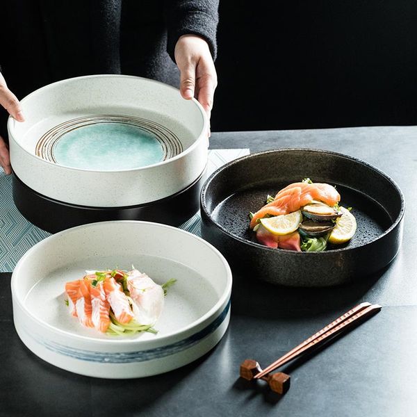 

dishes & plates japanese style 10-inch ceramic plate deep large fish household sushi breakfast black white