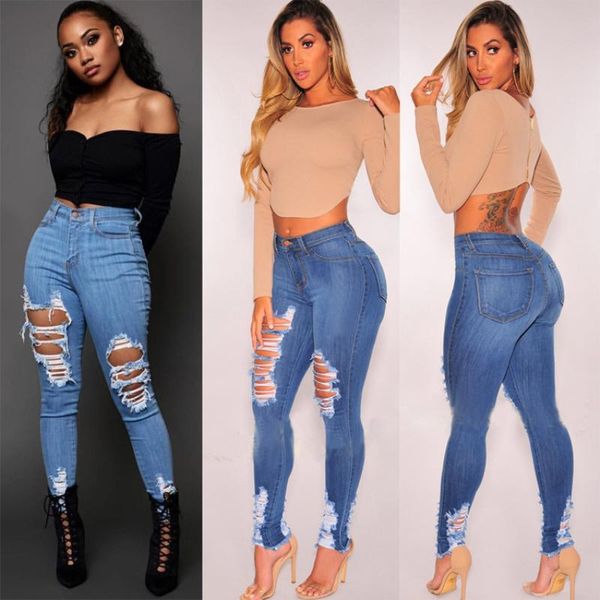 

women's jeans european and american cotton elastic tear hole pants women, Blue