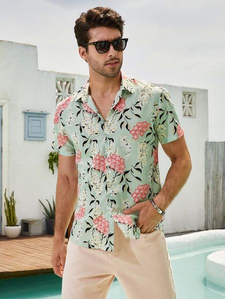 

men all over floral print button front shirt without tee 80lv#, White;black