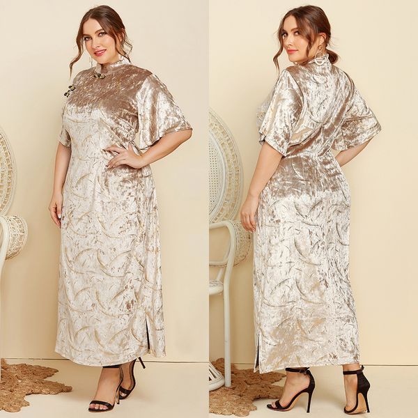 

luxury casual dresses 2021 spring and autumn large women's standing collar cheongsam temperament slim print drs jr0147, Black;gray