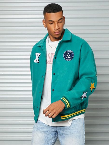 

men geo print patched button front overcoat t9oa#, Black;brown