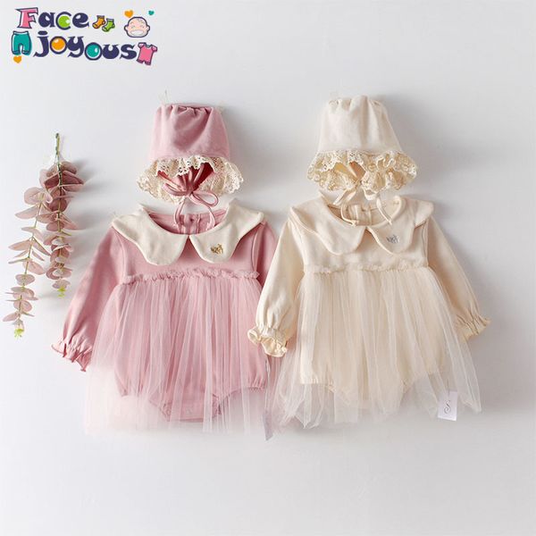 Primavera New New Newborn Menina Bebê Bodysuit Meninas Boneca Coleira de Manga Longa Malha Roupas de Menina Com Hat 210413