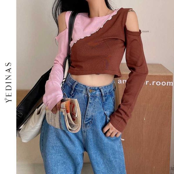 Yedinas Chic Sexy Patchwork Ruffles T-shirt manica lunga Crop Top O-Collo Tee Women Club Wear Off spalla aderente Top stile punk 210527