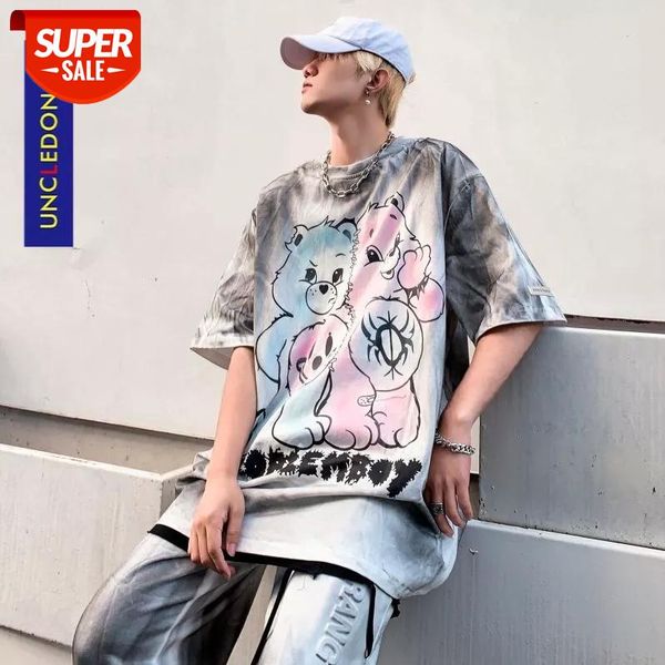 

uncledonjm toy bear graffiti tie dye short sleeve t-shirt anime t shirt hip hop oversized graphic womens tees b108 #us1e, White;black
