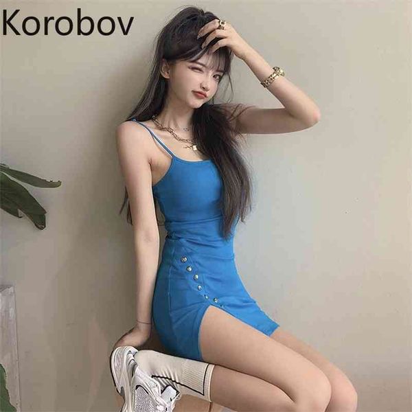 

korobov korean spaghetti strap women mini dress summer chicfemale dresses a-line high waist button vestidos femme 210430, Black;gray