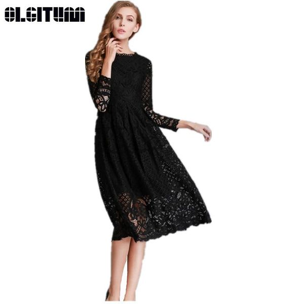 

casual dresses olgitum 2021 fashion spring summer women's lace hollow out long femme clothing women slim party dress dr010, Black;gray
