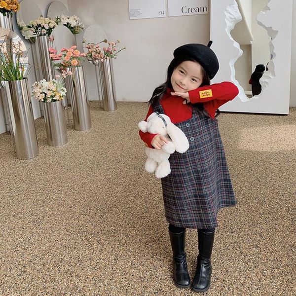 

girl's dresses girls princess dress girl autumn winter fashion red t-shirt plaid sling two-piece suit 3-8 years kids casual clothing, Red;yellow