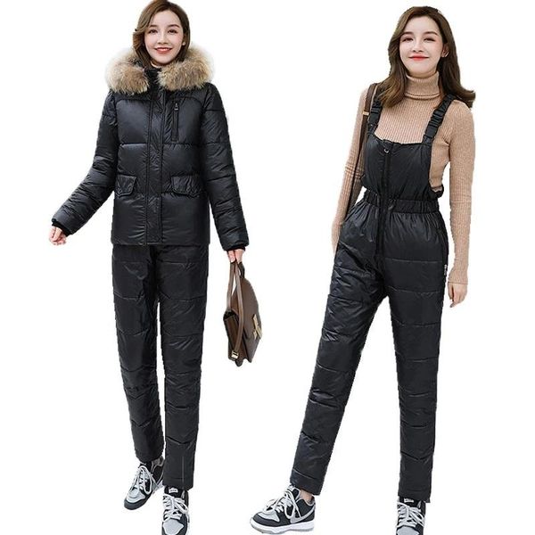 Frauen Zweiteilige Hosen 2PCS Outdoor Schnee Anzüge Overall Skifahren Hose Sets 2021 Overalls Strap BodysuitParka Jacke Winter eine Ski Mujer