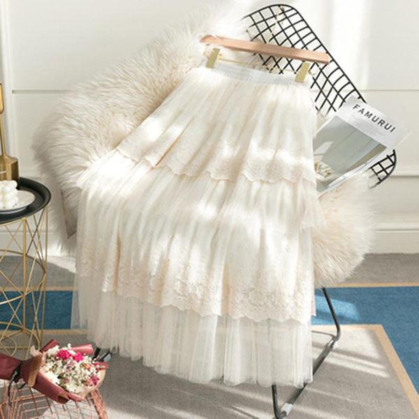 

skirts gentle lace cake skirt sweet flower embroidered fairy womens 2021 spring summer polka dot korean fluffy office, Black